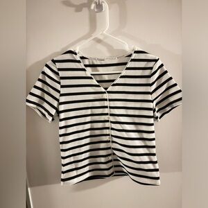 Striped Semi Cropped shirt with pearl like Buttons and collar